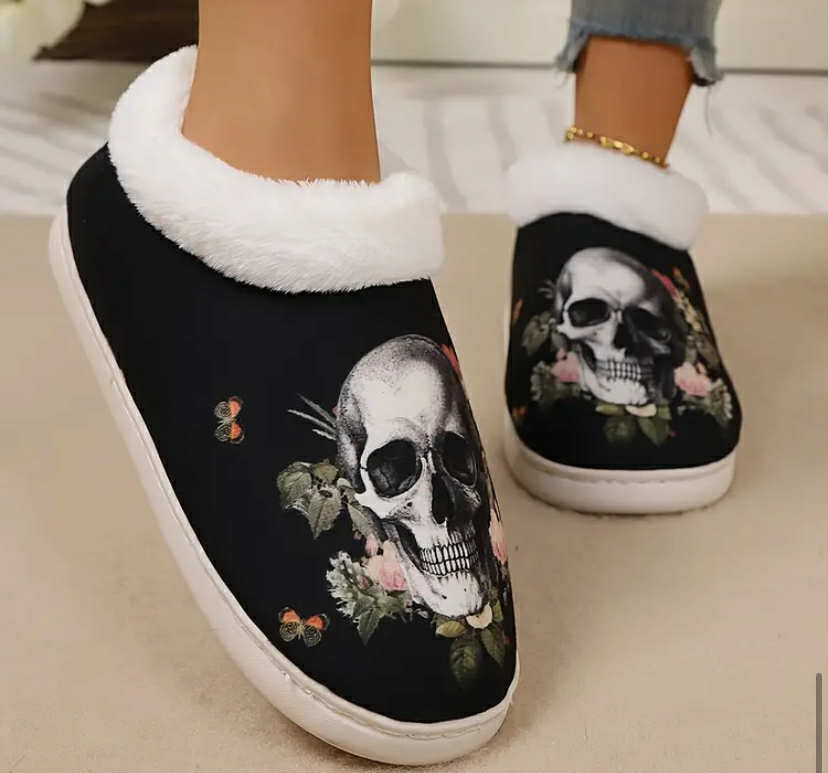 Skull-Themed Fuzzy Slippers