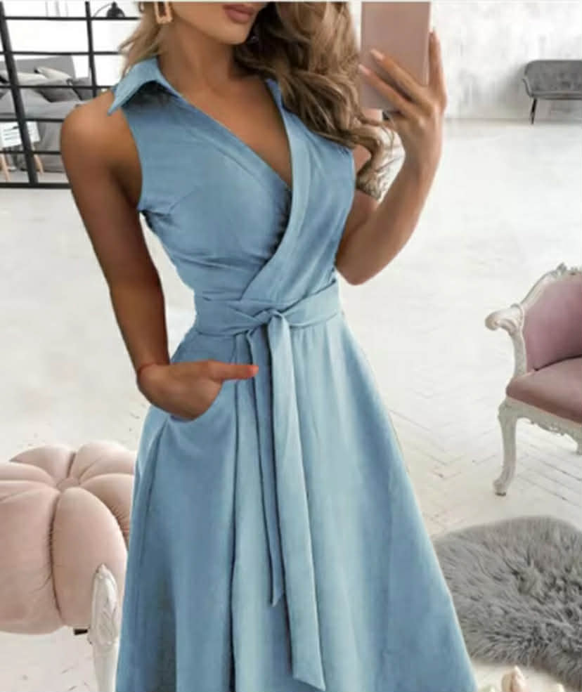 Lace Up V-neck Short Sleeved Solid Color Pocket Women's Dress