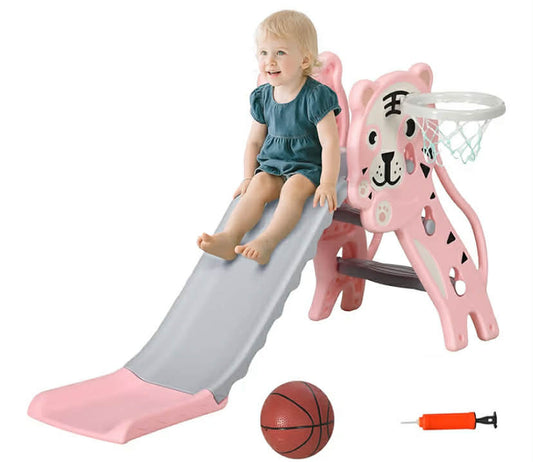Kids Slide, 3 in 1 Freestanding Toddler Slide with Basketball Hoop, Climber, Basketball, Indoor Outdoor Tiger-Themed Playset for Ages 18-36 Months, Pink