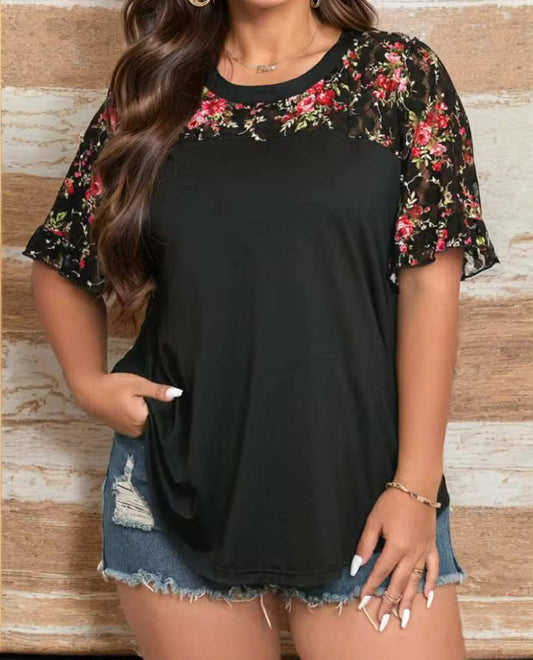 Plus Size Cross Border New Women's Casual V-neck Printed Round Neck T-shirt