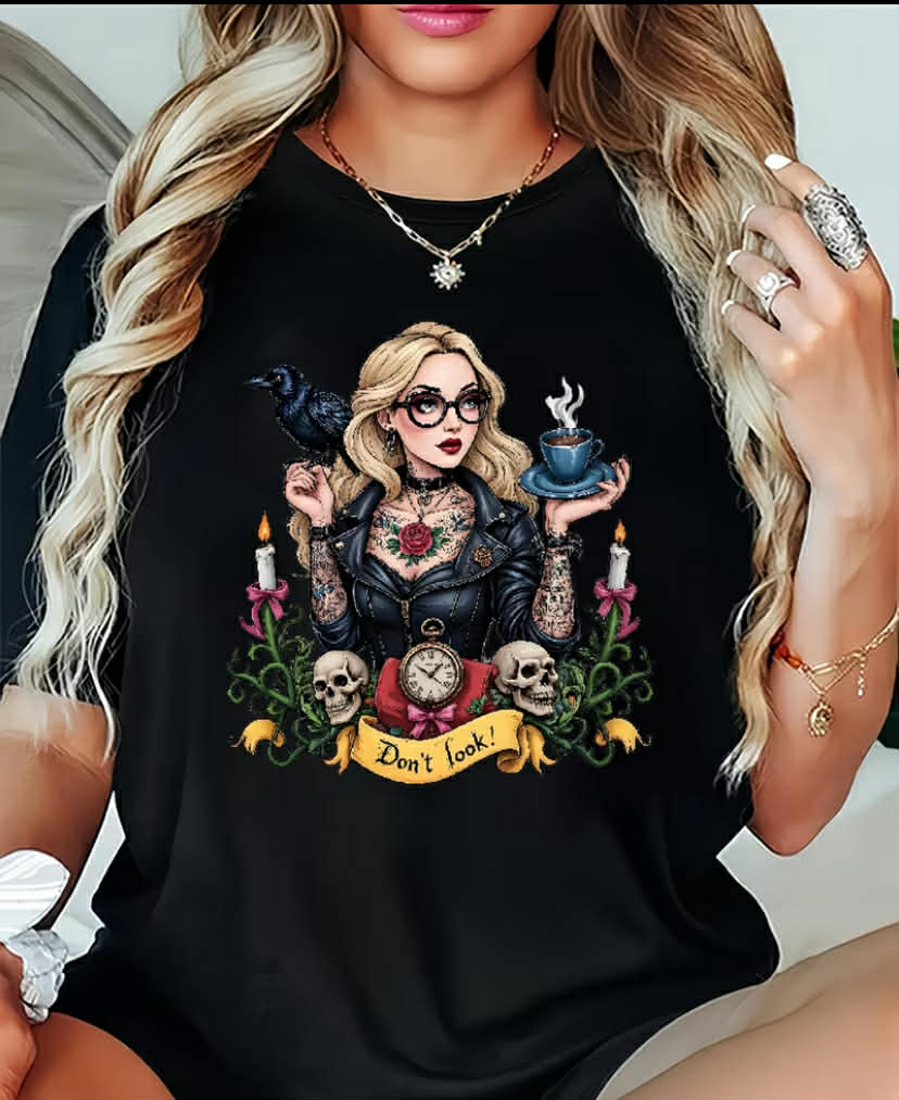 Oversized Women'S Short Sleeve Top in Gothic Tattoo Style, Featuring a Loose Fit And Round Neck