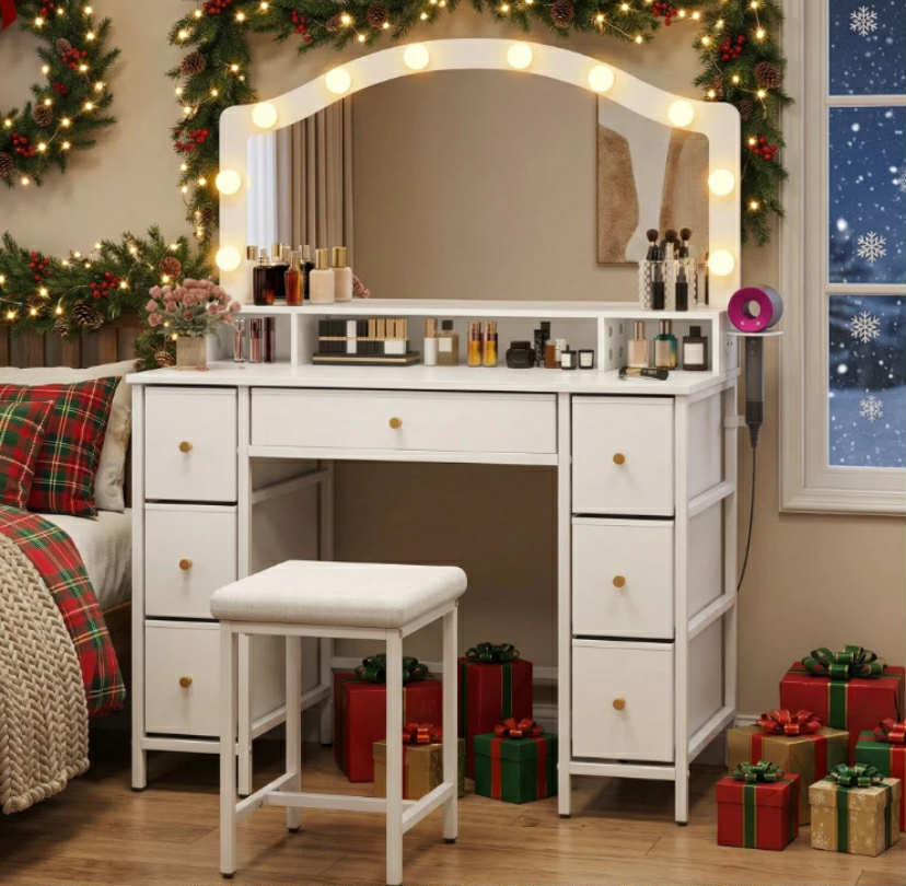 Dressing Table with Stool Set 10 LED Bulbs  Vanity Desk 7 Drawers Storage White