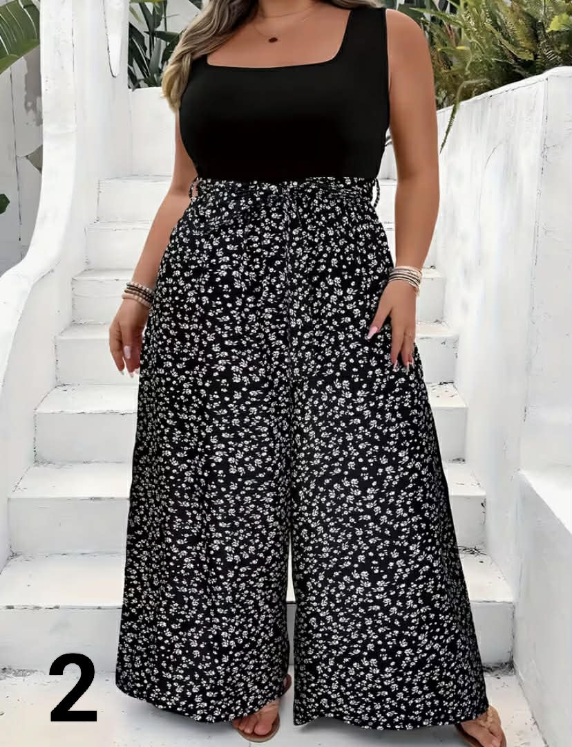 Women's Fashion Plus Size Floral Print Fashionable Jumpsuit, Loose Sleeveless Jumpsuit Suitable for Summer