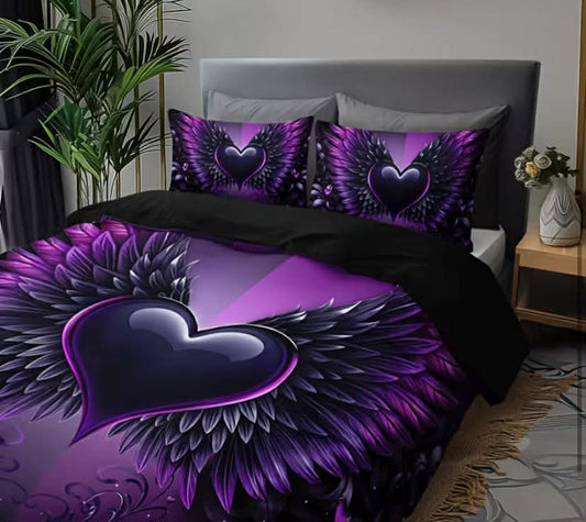 3 pcs Heart Gradient Purple Wings Duvet Cover Set.