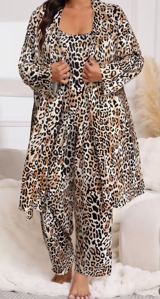 Plus Size Sexy Leopard Print Round Neck Camisole Long Pants + Tie-Waist Robe Three-Piece Pajama Set