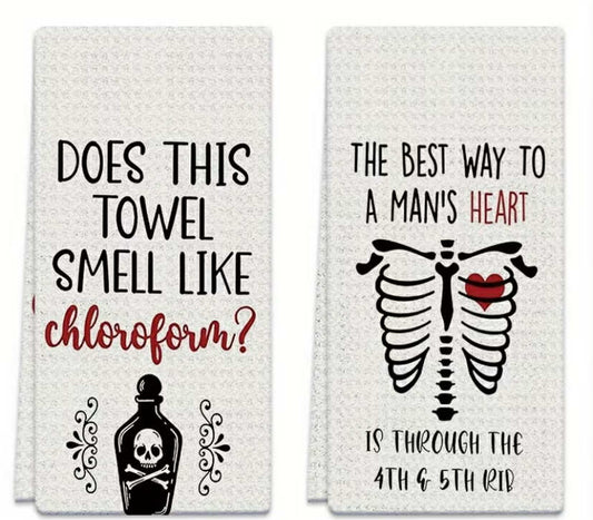 2 pcs Dish Towels 18x26 inches Skeleton, Heart Skull