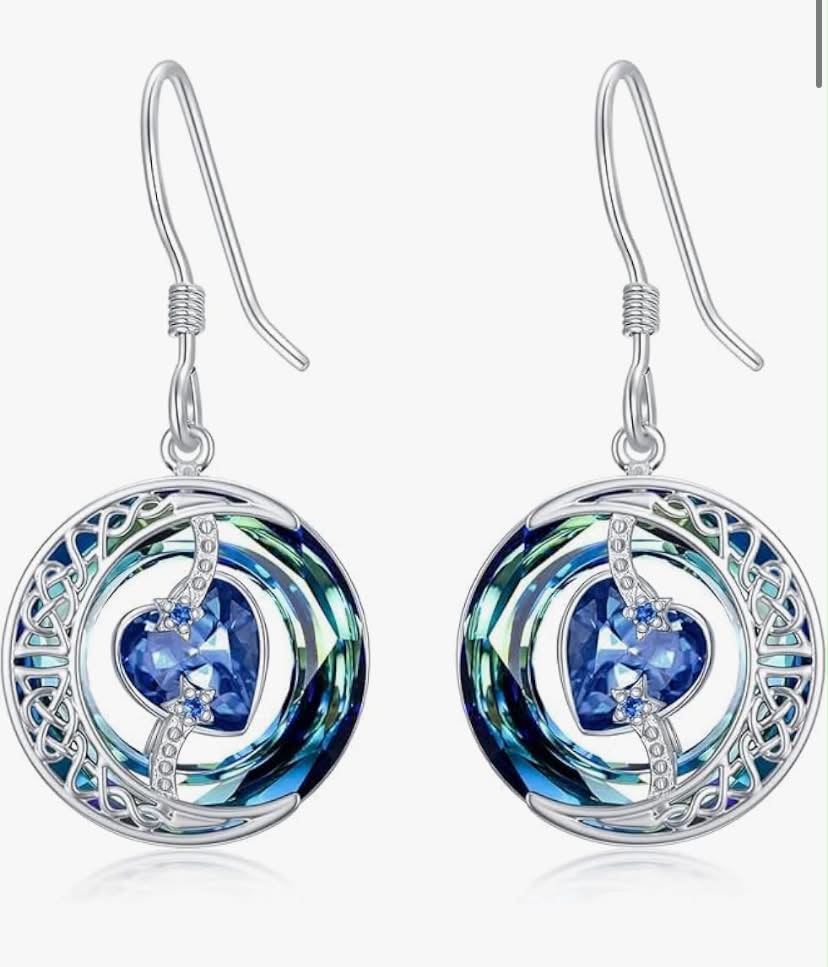 Birthstone Earrings for Women Sterling Silver Moon Star Earrings with Blue Crystal