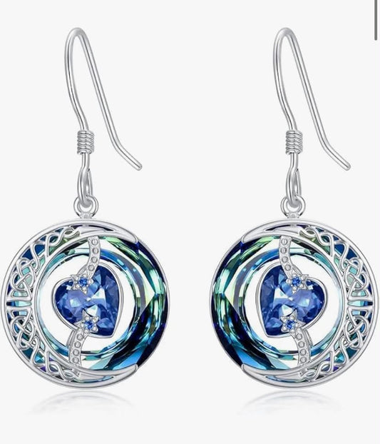 Birthstone Earrings for Women Sterling Silver Moon Star Earrings with Blue Crystal