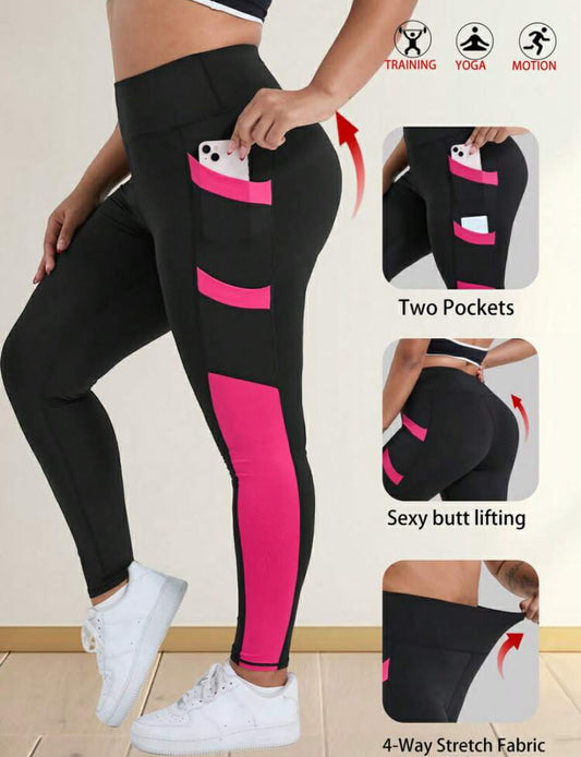 Plus Size Women's High Waist Yoga Pants, Tummy Control Shaping, Workout Leggings With 4 Side Pockets, Contrast Color Design, Suitable For Running, Fitness, Casual And Sports Wear Black Spring
