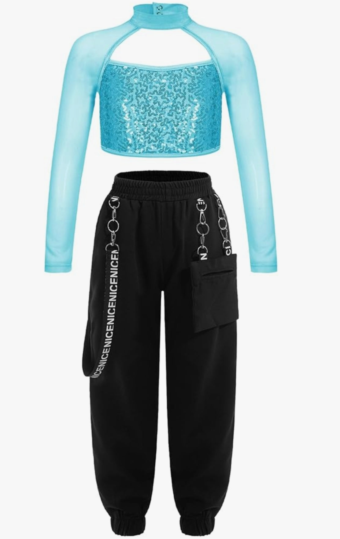 Kids Hip Hop Dance Clothes Girls Street Dance Outfits Mesh Sleeves Sequins Crop Tops and Jogger Pants Set