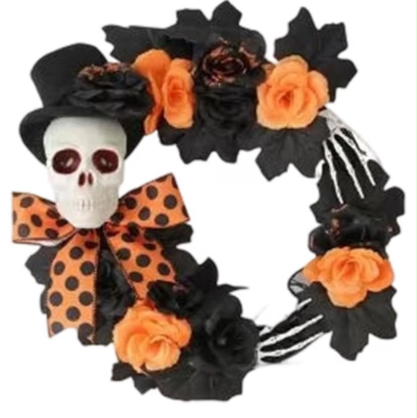 Halloween Wreath Skull Hand, Black Rose Door Garland Rattan Pumpkin,