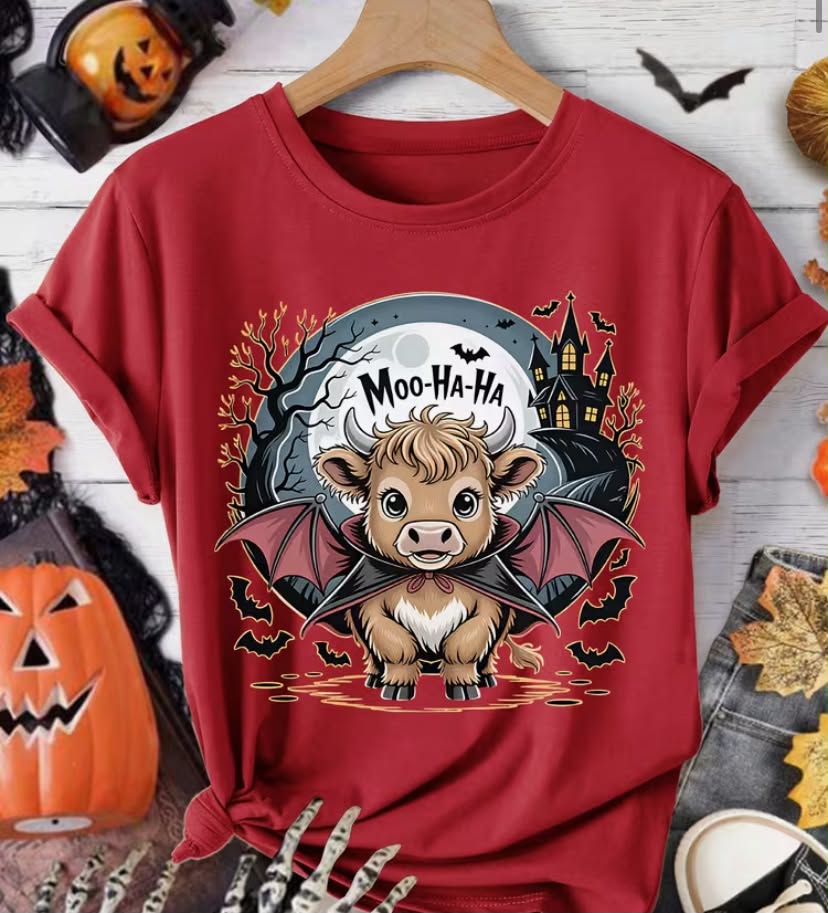 Women's T-Shirt Party Gift Moo-Ha-Ha Text Vampire Highland Cow Castle Dead Tree Bat Full Print  Round Neck Short Sleeve Dark Cute Style  All-Season
