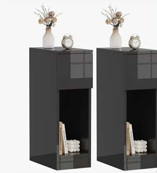 Modern Slim Tall Bedside Table Cabinet Set of 2, High Gloss Black with Drawer & Storage Space for Bedroom, Narrow Sofa Side Table End Table for Living Room, Nightstand Black