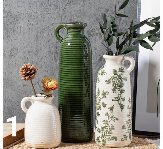Ceramic Vase Set of 3 with Handles,  Farmhouse Boho Decor, Versatile as Table Centrepiece or Mantel & Shelf Accent - Unique Home Gift Idea
