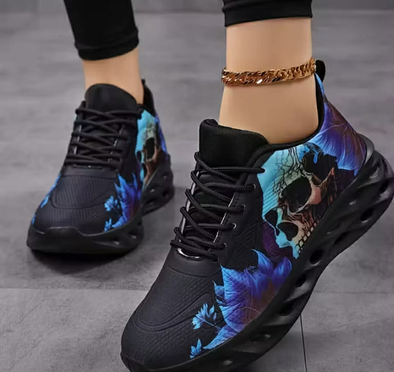 Floral Skull Design, Casual Sneakers for Couples, Women Shoes