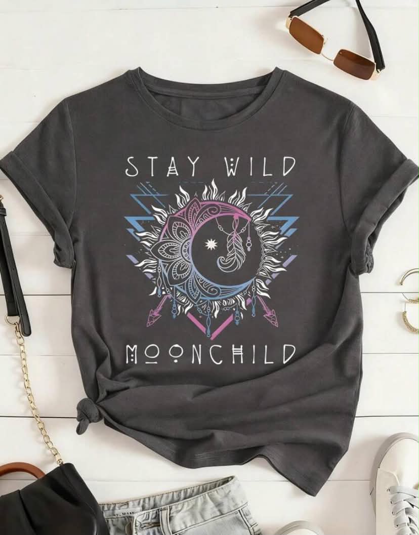 Plus Size Moon & Star Print T-Shirt, Casual Crew Neck Short Sleeve T-Shirt, Women's