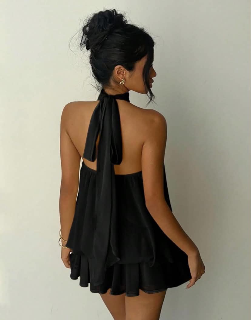 Sexy Backless Halter-Neck Strap-Waisted Blouse Puff-Sleeved Short Skirt Dress