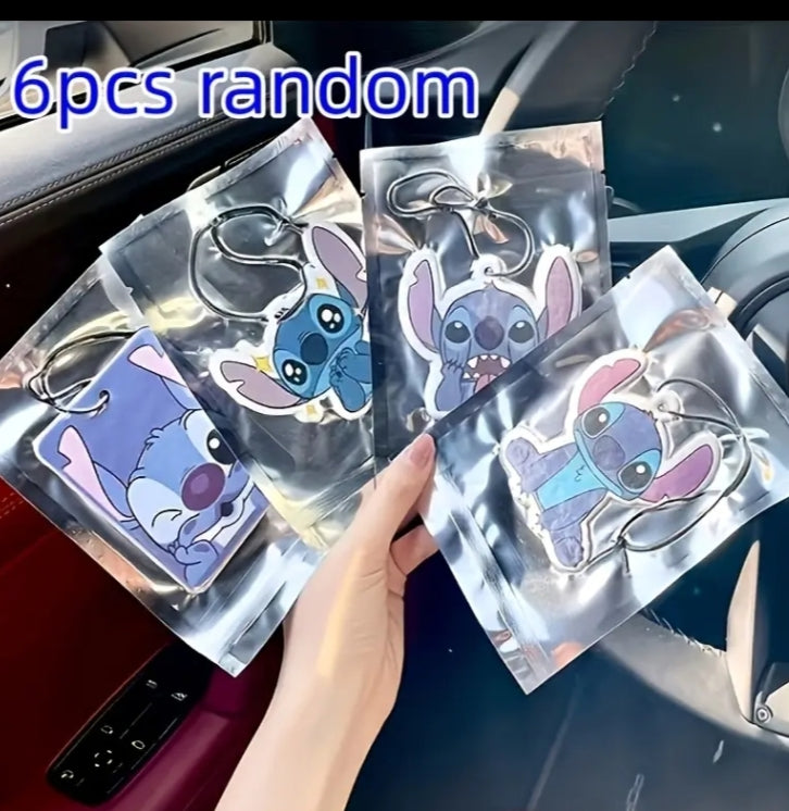 6 pcs Disney Stitch Cartoon Car Keychains | Elegant Chains With Rounded Rectangle Air Freshener Pendants, Double Sided Printing, Ideal For New Cars And Closets To Eliminate Odors