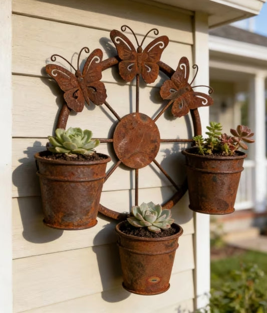 Vintage Distressed Wrought Iron Butterfly Wheel Hanging Planter, Balcony Courtyard Wall-Mounted Succulent Flower Pot Decoration