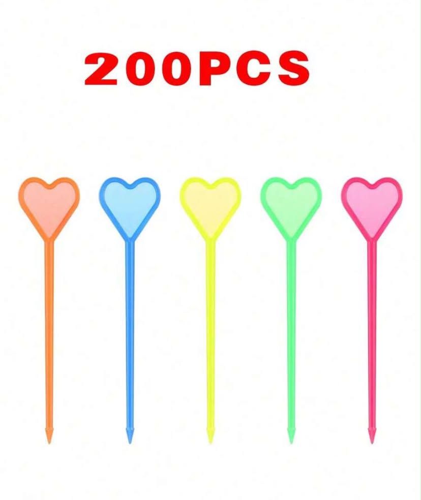 200 Multi-Color Fruit Picks, Heart Fruit Skewers, Toothpicks, Heart-Shaped Cocktail Appetizer Sticks, Food Picks, Sandwich & Beverage Picks