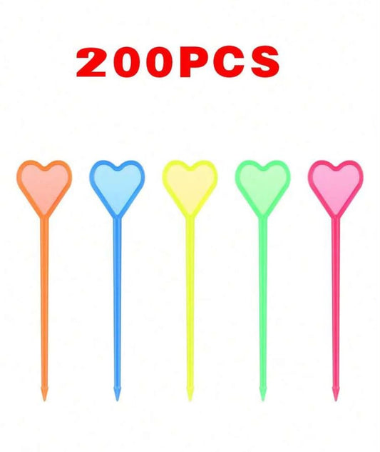 200 Multi-Color Fruit Picks, Heart Fruit Skewers, Toothpicks, Heart-Shaped Cocktail Appetizer Sticks, Food Picks, Sandwich & Beverage Picks