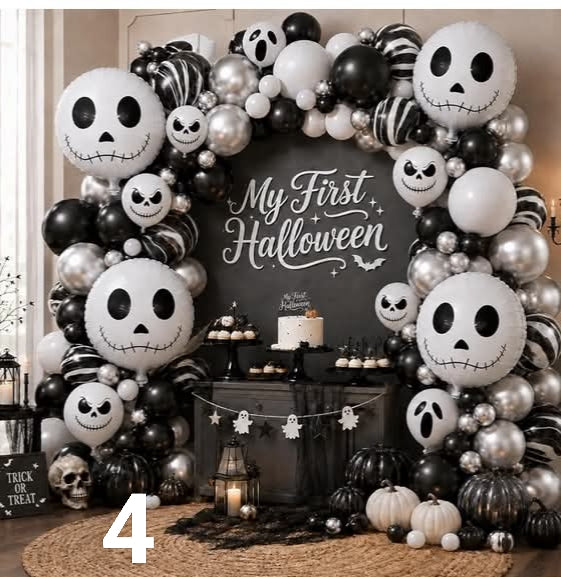 Balloon Arch Garland Kit with Skull Foil Balloons, 108 pcs Black Agate Marble White Metallic Silver Latex Balloons with Ghost Face Print Balloon for Kids Halloween Party Decorations Supplies