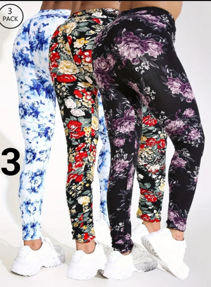 3 Pack Women's Yoga Sports Leggings Four-way Stretch Breathable Beautiful Leaf Floral Print Comfortable High Elastic Fabric Nine Points Pants Fitness Training Trousers