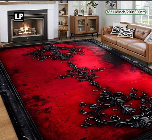 850g/㎡ Velvet, Retro Style Red Base Black Pattern, Soft and Durable, 7mm Thickness, Non-Slip Dot Plastic Bottom, Double-Lock Edge, Machine Washable, Easy to Maintain,