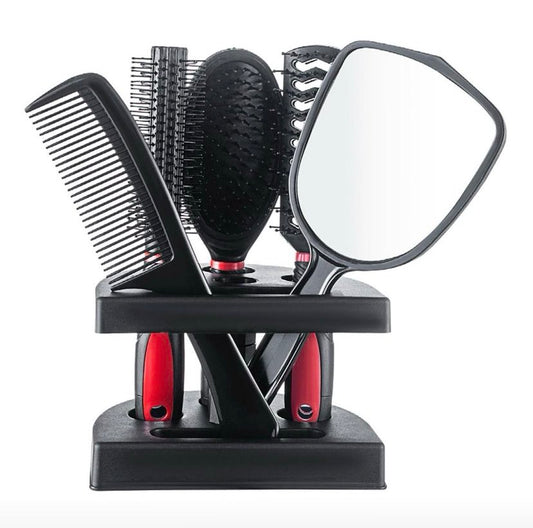 5 pcs Hair Comb Brush Set for Women Girls, Includes Vent Paddle Round Brush Comb & Mirror with Stand, Gentle Detangling, Scalp Massage, Styling, Ideal for All Hair Types, Daily Us