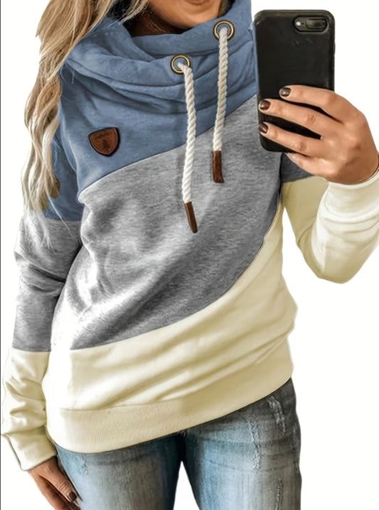 Plus Size - Women Casual Solid Contrast Splice Long Sleeve Strap Tops Casual Pullover Hoodies Sweatshirt