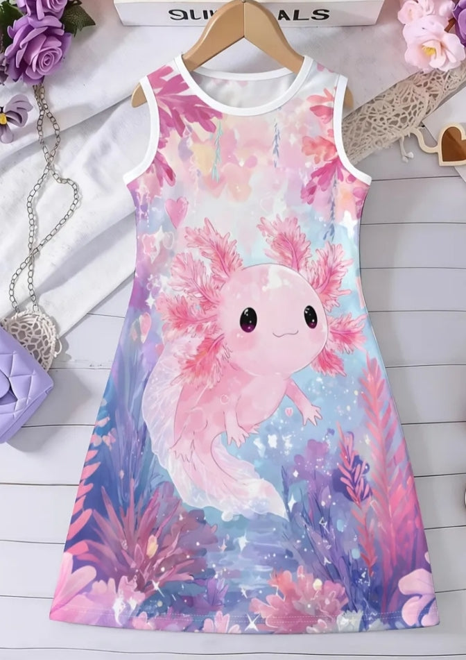 Lightweight Summer Dress Featuring a Pink Axolotl Design, Perfect for Princess-Themed Parties, Casual Wear for Kids,