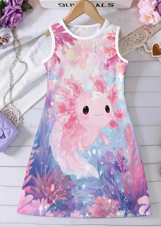 Lightweight Summer Dress Featuring a Pink Axolotl Design, Perfect for Princess-Themed Parties, Casual Wear for Kids,