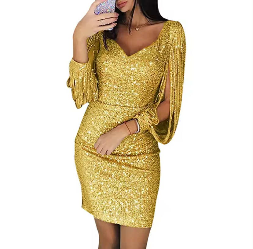 Plus Size Dresses for Women Elegant Long Sleeve Sequin Mini Dresses