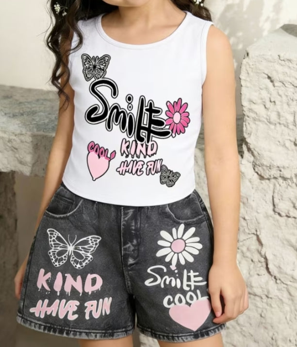 Faux Denim Shorts 2 pcs Set Print Design-Not Textured 2D Printing, Featuring Girls' Favorite White Butterfly And Heart Pattern Girls'