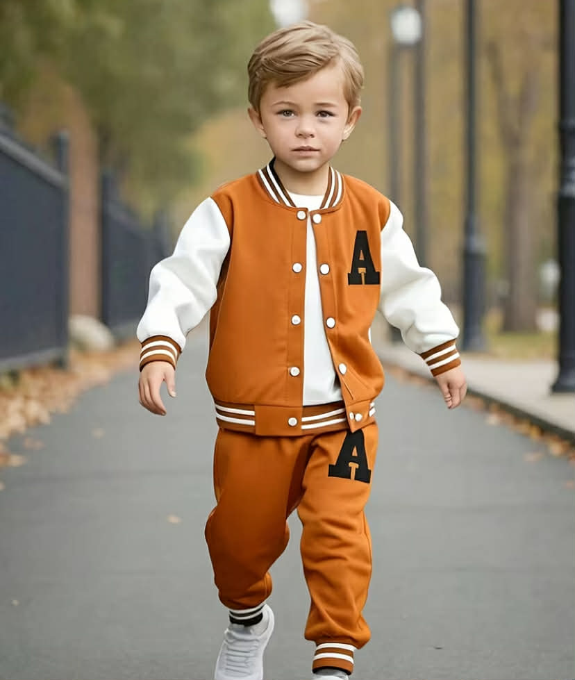 European And American Boys' Autumn And Winter Baseball Jacket with Letter A Print + Letter A Print Long Pants Two-Piece Set, for Outdoor