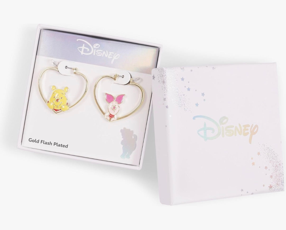 Disney Women's Winnie the Pooh and Piglet Gold Flash Plated Heart Hoop Earrings