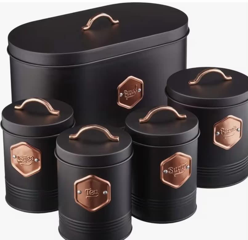 5-Piece Airtight Kitchen Canister Set – Tea, Coffee, Sugar, Bread & Biscuit Storage Tins – Labelled Containers for Pantry/Kitchen Organization – Stylish Black & Copper Design