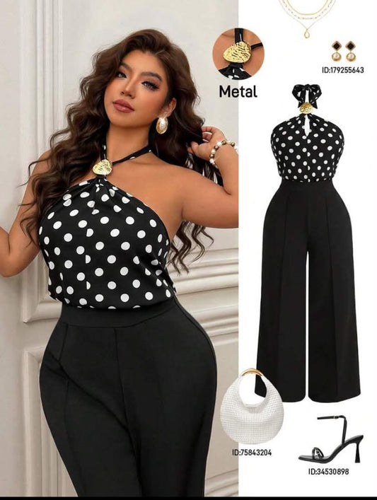 Femmeverse Plus Size Women's Fashion Metal Buckle Decor Polka Dot Fabric Cutout Lace-Up Patchwork Solid Color Jumpsuit