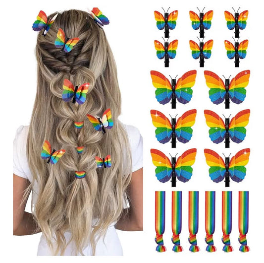 12PCS Rainbow Glitter Butterfly Hair Clips & 6 Hair Tie Bracelets for Pride Parade – 6 Large & 6 Small, LGBTQ Rainbow Accessories for Pride Celebration