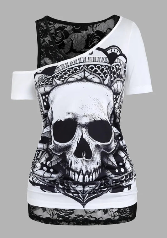 Plus-Size Casual Gothic Style Short-Sleeve T-Shirt with Skull Mandala Digital Print, Paired with a Lace Round-Neck Vest Set