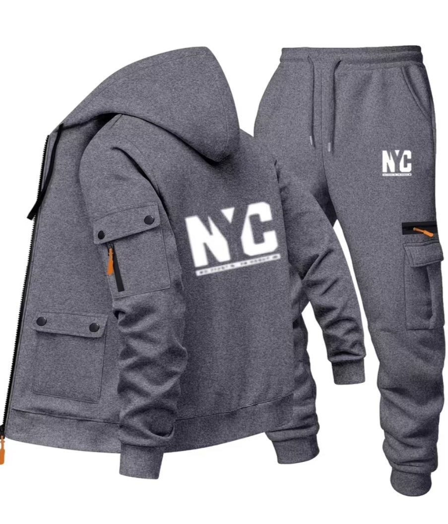 Men'S Hooded Cardigan Sweatshirt And Athletic Casual Print Cargo Long Pants