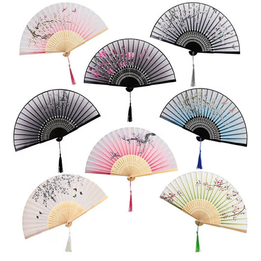 8 Pack Folding Fans, Silk Fabric Bamboo Handheld Fans with Tassel, Floral Blossom Hand Holding Fans for Women, Wedding, Dancing Party, Gift, Cosplay, Wall Decoration, Chinese Vintage Retro Style