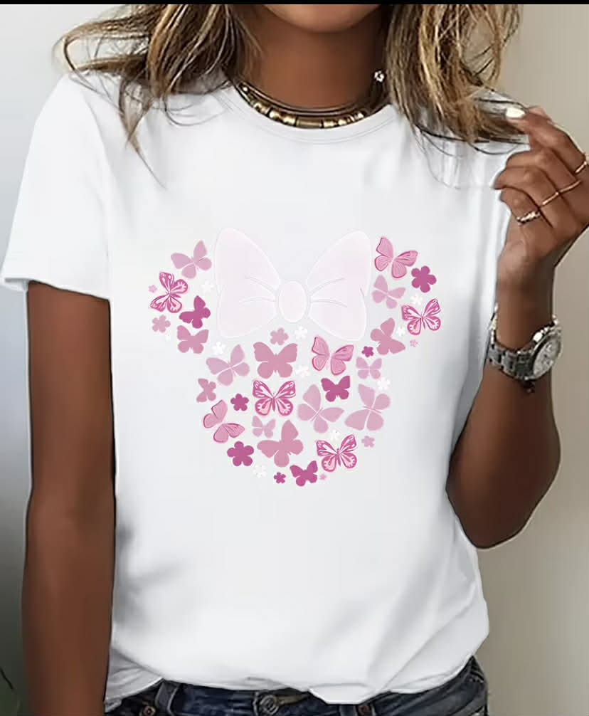 1pc Women'S Floral Butterfly Bow Print T-Shirt, Casual Crew Neck Short Sleeve Top, Fashionable Sports Tee with Medium Stretch Fabric