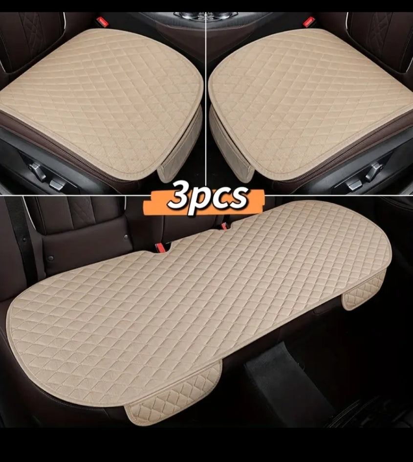 Linen Texture Car Seat Cushion 3pcs Set with Small Rhombus Embroidery, Universal All-Season Cushion with Storage Pocket, Includes 2 Front Seat Cushions and 1 Rear Seat Long Cushion, 3pcs Seat Cushion Set