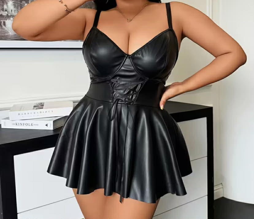 Plus Size Sexy Soft Steel Ring PU Strap Dress Set