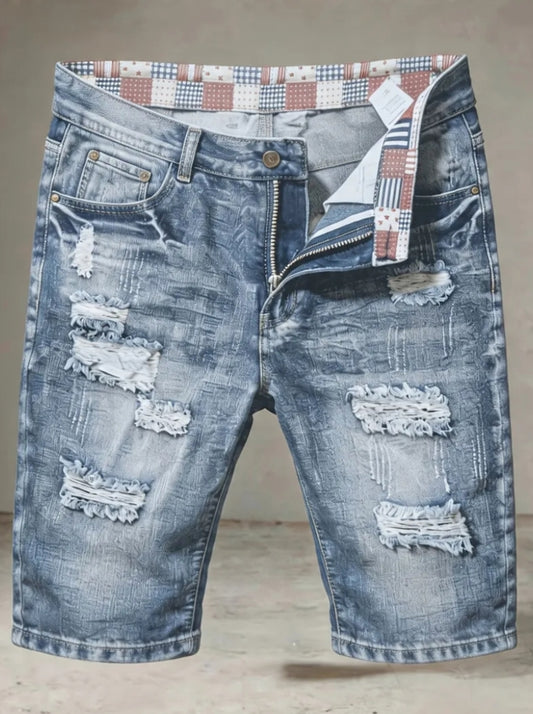 Men's Summer Ripped Denim Shorts Vintage Trendy Men's Denim Knee-Length Pants - Youth Distressed High Street Style Personality Ragged Beggar Style Mid-Length Pants, Men's Straight-Leg Shorts
