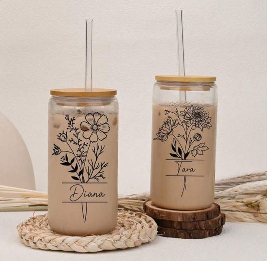 Personalized Glass Cup With Bamboo Lid And Straw - Frosted Or Clear Cup, Customized Cold Drink Cup.