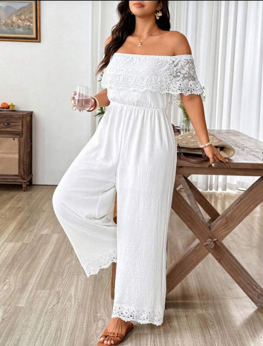 Plus Size Crinkle Texture Off-Shoulder Lace Patchwork Short Sleeve Poncho Sleeve Waist Straight Leg Pants With Lace Hem Decoration,