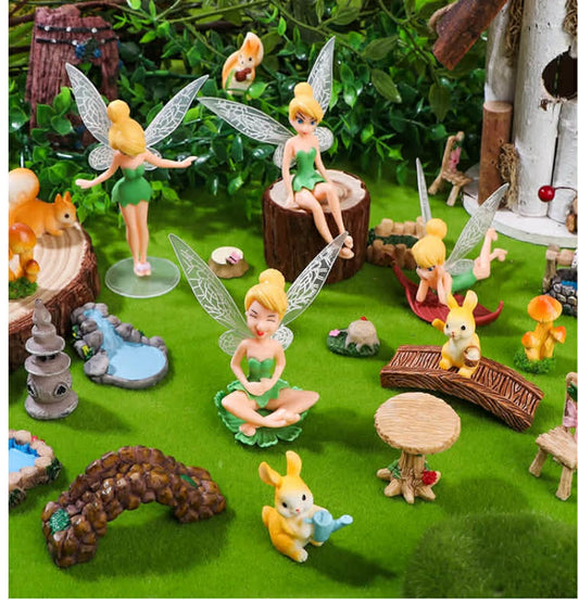 22 Pcs Fairy Garden Accessories Miniature Fairies Figures Garden Table and Chairs Set Resin Mini Mushroom Hedgehogs Animals Lights Bridge Arch for Micro Landscape Plant Pots Dollhouse Cake Decor