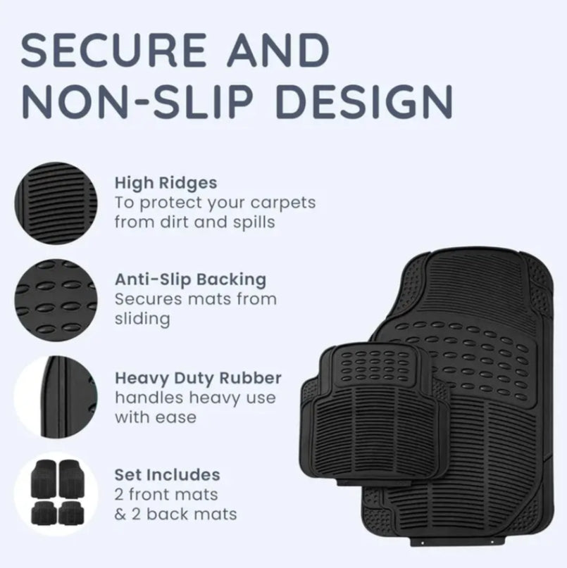 4pcs Universal Rubber Car Mats - Heavy Duty, Non-Slip All Weather Mats for Cars, SUVs, Trucks & Vans, Waterproof, Easy to Clean, with Deep Grooved Design for Extra Durability